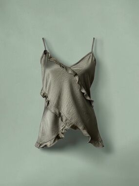 New Melrose and Market Ruffle Olive Green Satin Tank Top Size Medium